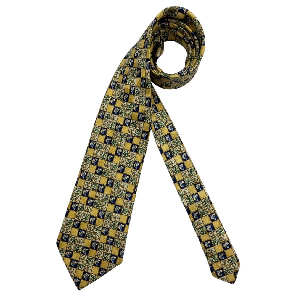 CERRUTI 1881 XL Navy/Yellow Geometric Floral Fish Leaf Silk LUXURY Tie FRANCE